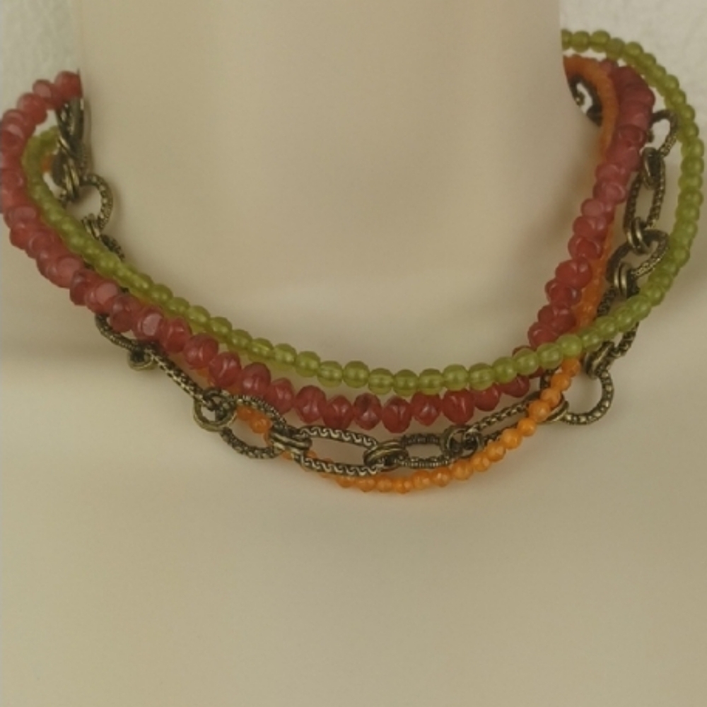 Premier Designs Gold Chain Red, Orange & Green Bead Layered Choker Necklace